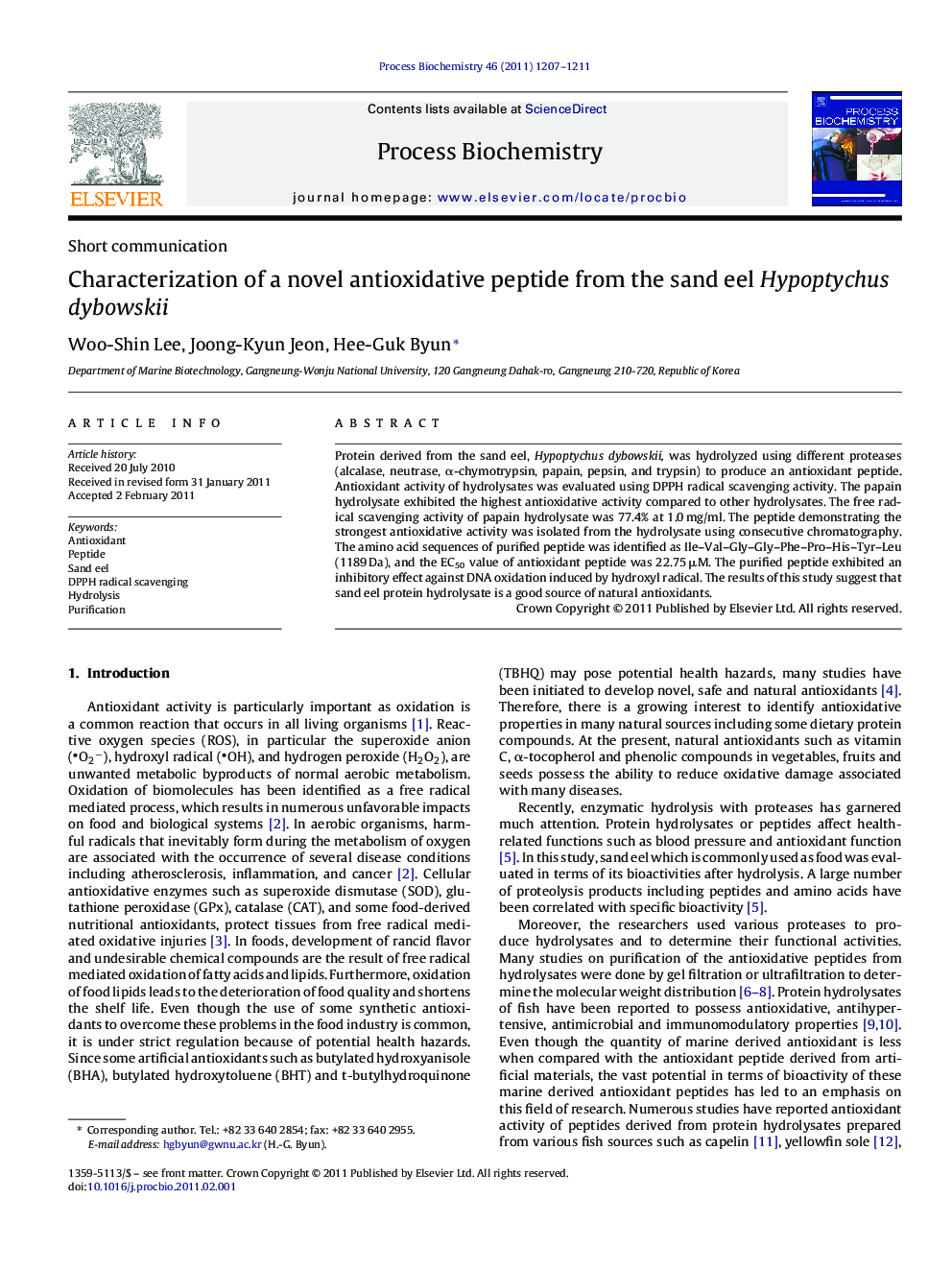 Characterization of a novel antioxidative peptide from the sand eel Hypoptychus dybowskii