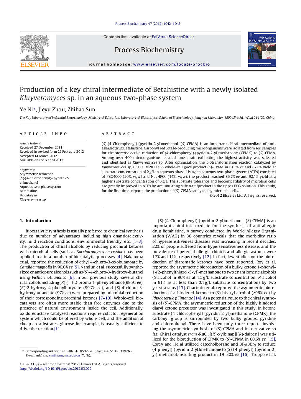 Production of a key chiral intermediate of Betahistine with a newly isolated Kluyveromyces sp. in an aqueous two-phase system