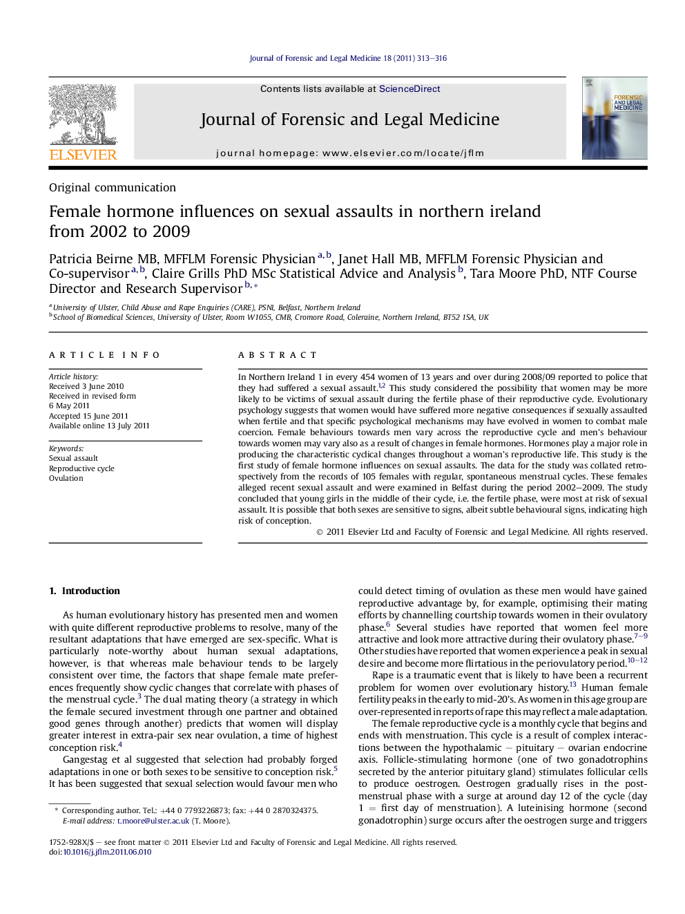 Female hormone influences on sexual assaults in northern ireland from 2002 to 2009