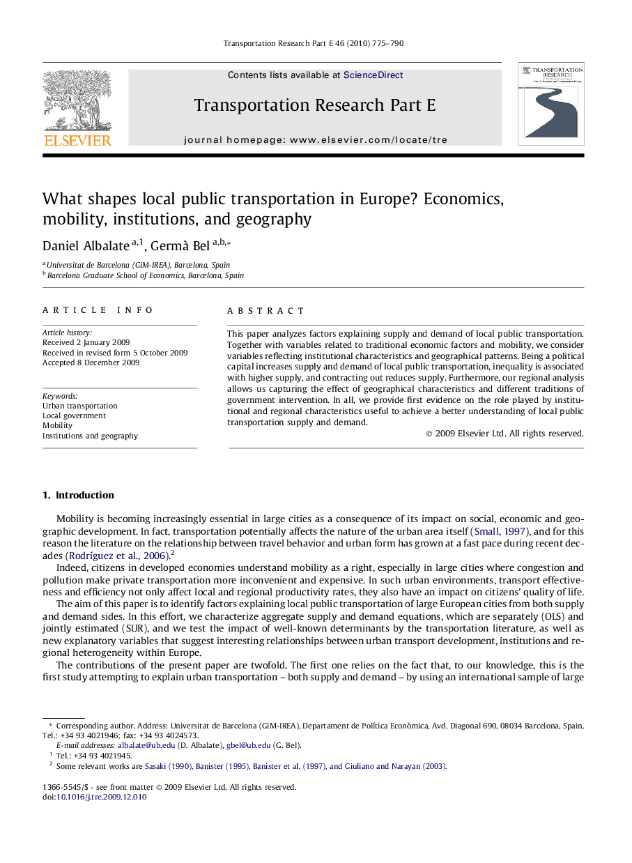 What shapes local public transportation in Europe? Economics, mobility, institutions, and geography