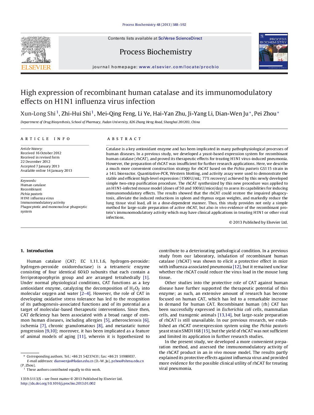 High expression of recombinant human catalase and its immunomodulatory effects on H1N1 influenza virus infection