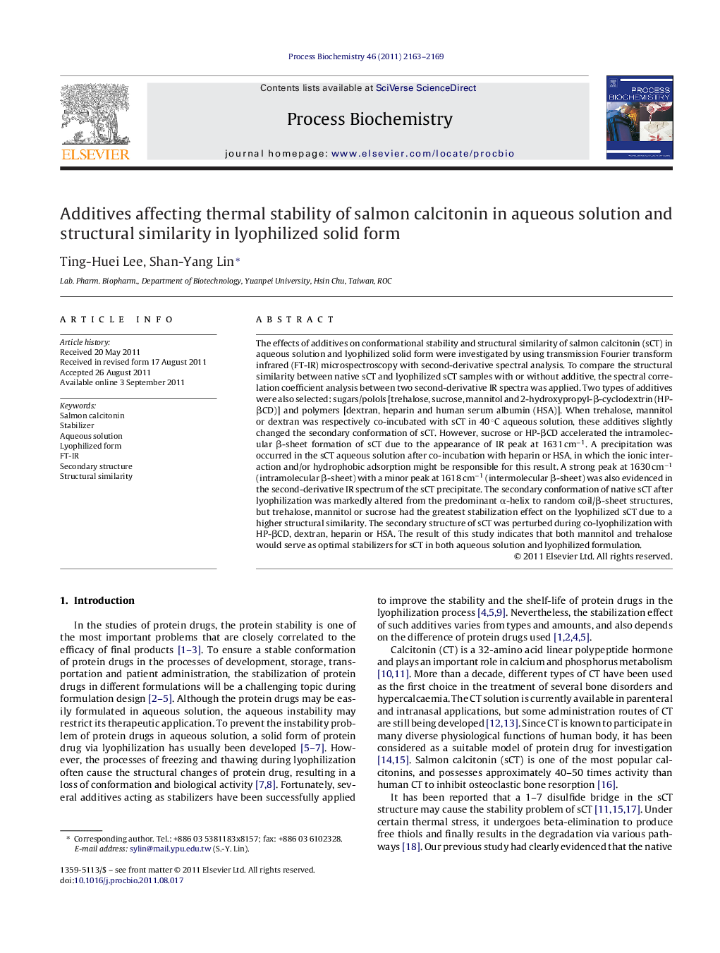 Additives affecting thermal stability of salmon calcitonin in aqueous solution and structural similarity in lyophilized solid form