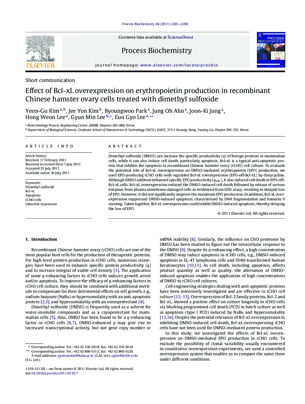 Effect of Bcl-xL overexpression on erythropoietin production in recombinant Chinese hamster ovary cells treated with dimethyl sulfoxide