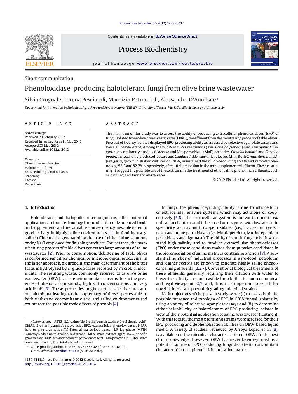 Phenoloxidase-producing halotolerant fungi from olive brine wastewater