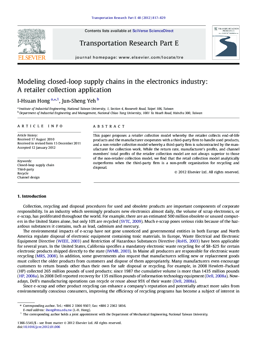 Modeling closed-loop supply chains in the electronics industry: A retailer collection application