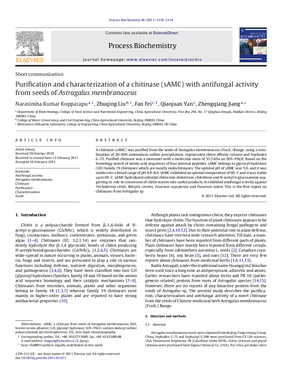 Purification and characterization of a chitinase (sAMC) with antifungal activity from seeds of Astragalus membranaceus