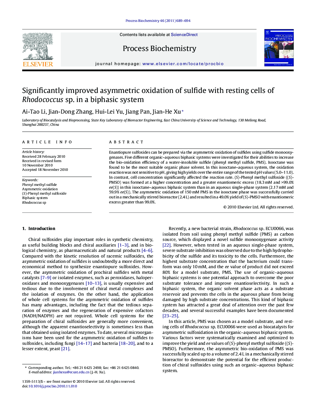 Significantly improved asymmetric oxidation of sulfide with resting cells of Rhodococcus sp. in a biphasic system