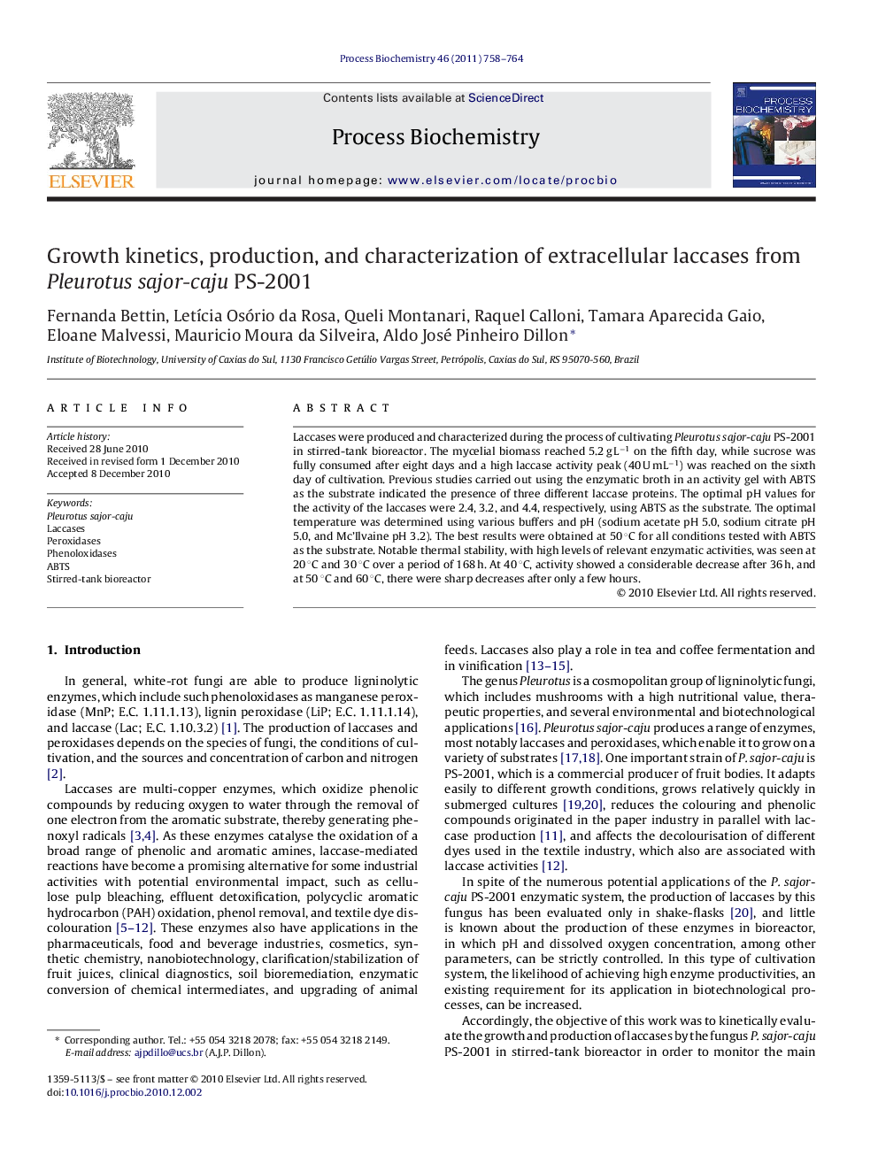 Growth kinetics, production, and characterization of extracellular laccases from Pleurotus sajor-caju PS-2001