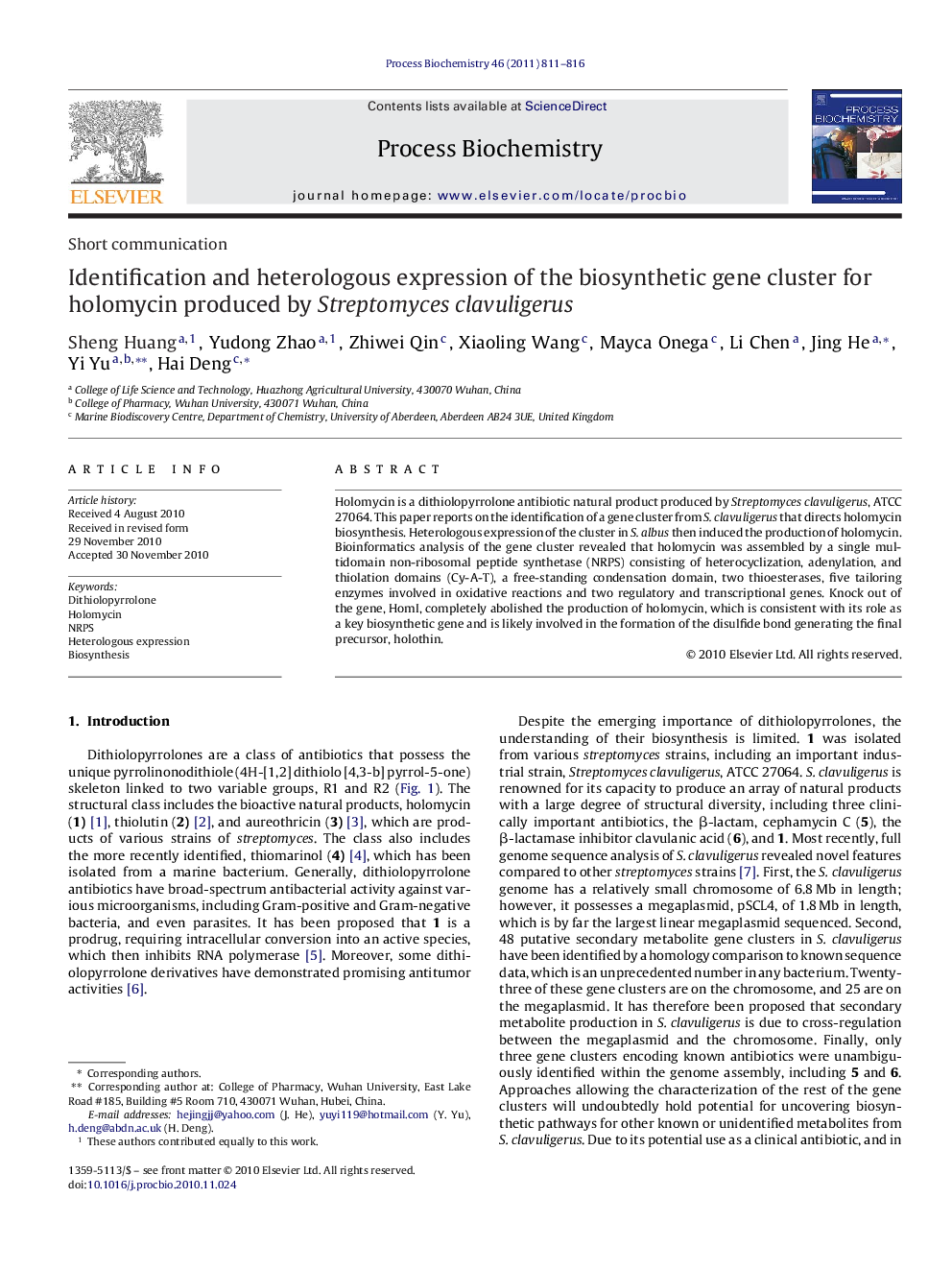 Identification and heterologous expression of the biosynthetic gene cluster for holomycin produced by Streptomyces clavuligerus