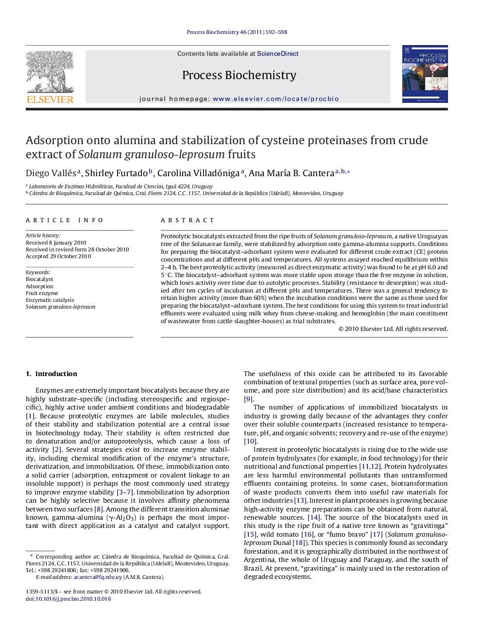 Adsorption onto alumina and stabilization of cysteine proteinases from crude extract of Solanum granuloso-leprosum fruits