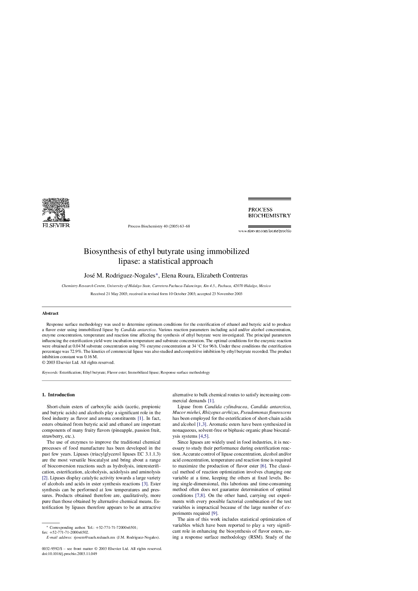 Biosynthesis of ethyl butyrate using immobilized lipase: a statistical approach