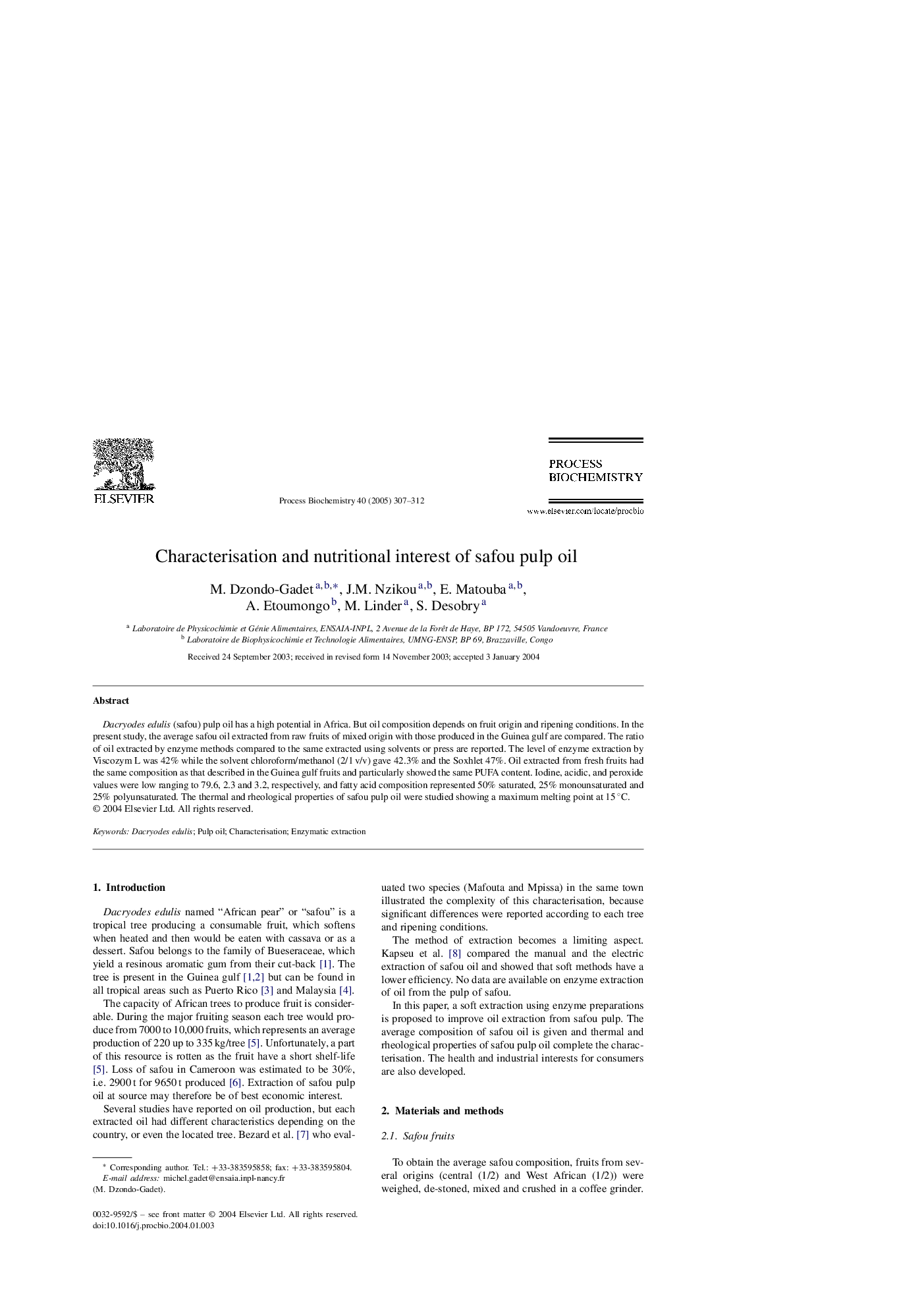 Characterisation and nutritional interest of safou pulp oil