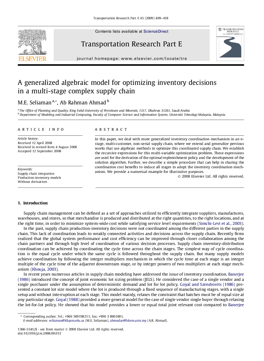 A generalized algebraic model for optimizing inventory decisions in a multi-stage complex supply chain