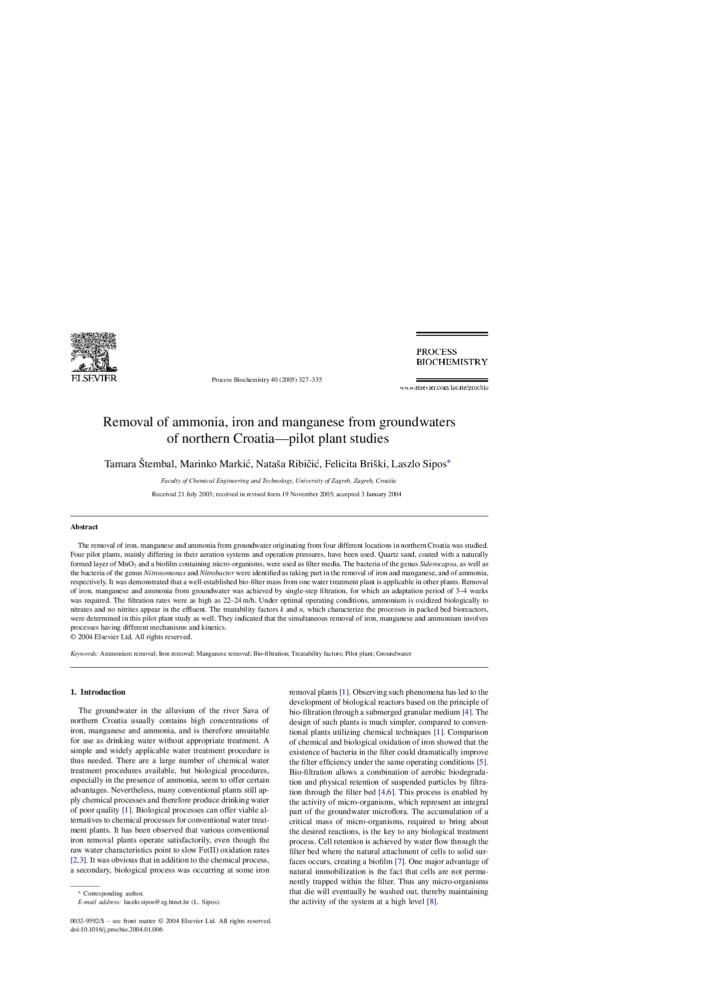 Removal of ammonia, iron and manganese from groundwaters of northern Croatia-pilot plant studies