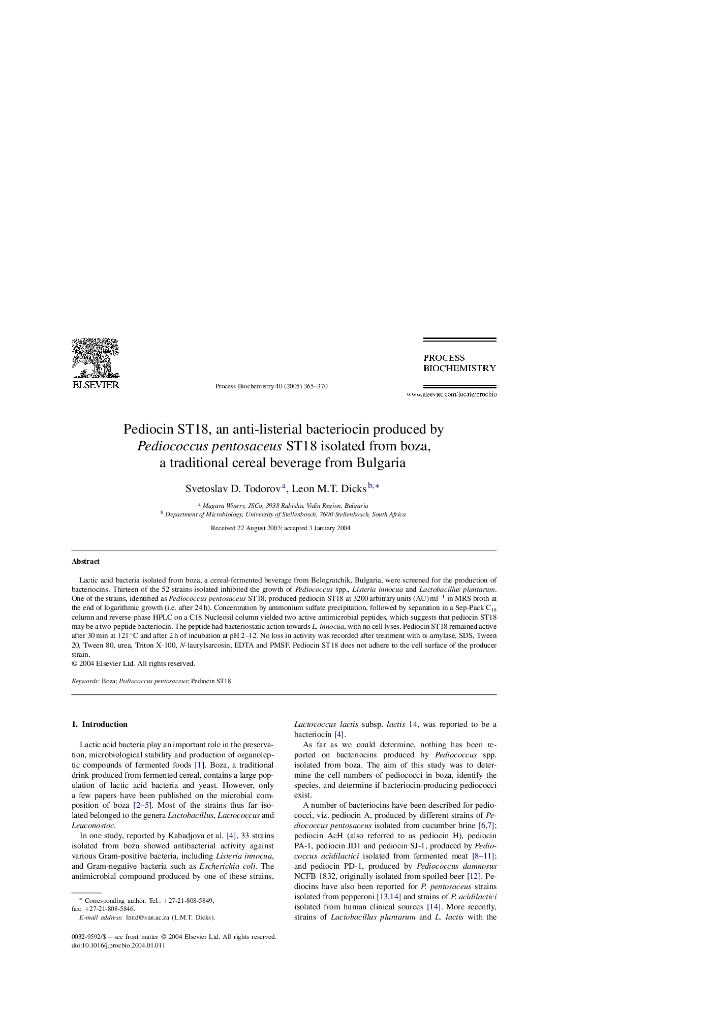 Pediocin ST18, an anti-listerial bacteriocin produced by Pediococcus pentosaceus ST18 isolated from boza, a traditional cereal beverage from Bulgaria