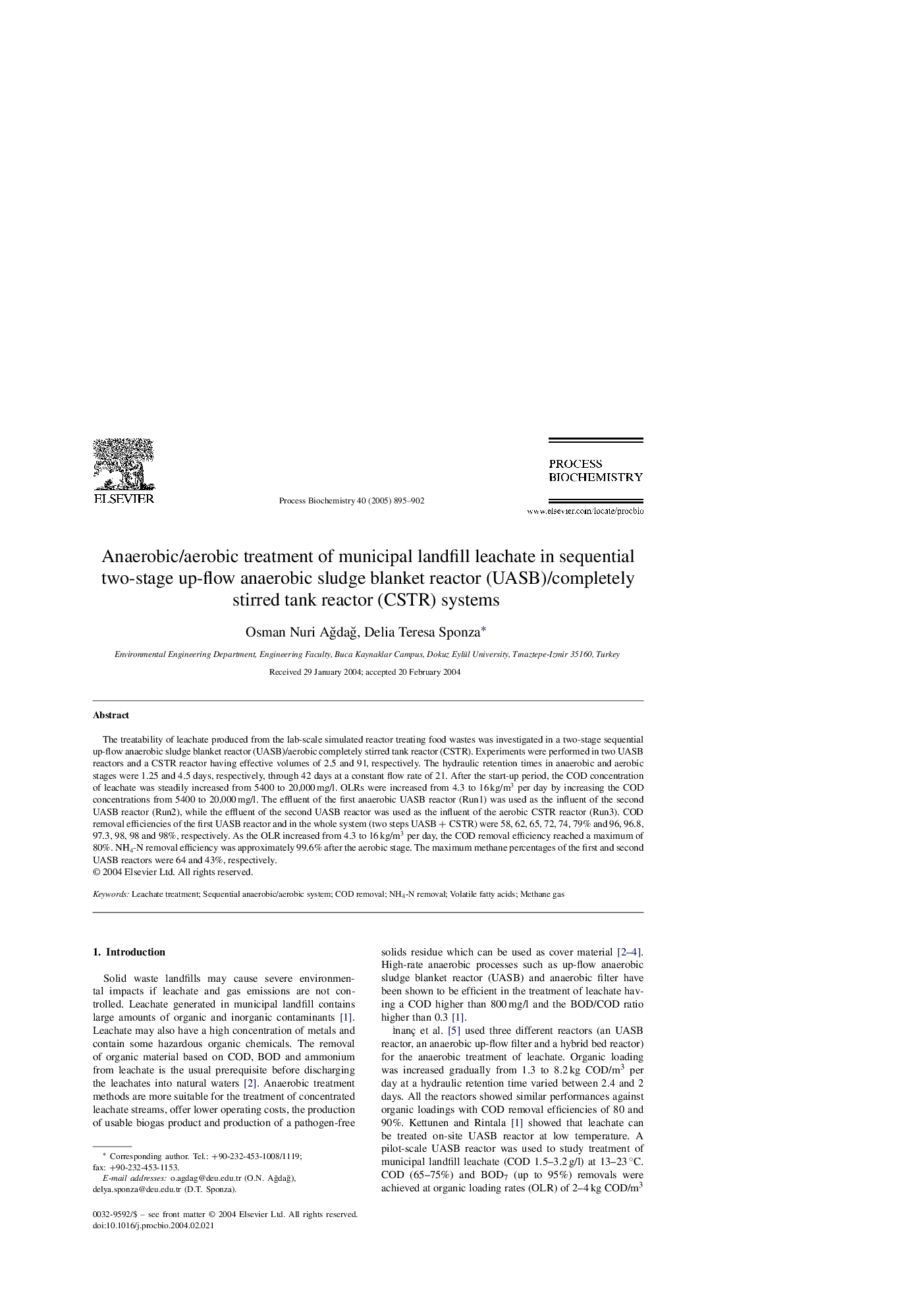 Anaerobic/aerobic treatment of municipal landfill leachate in sequential two-stage up-flow anaerobic sludge blanket reactor (UASB)/completely stirred tank reactor (CSTR) systems