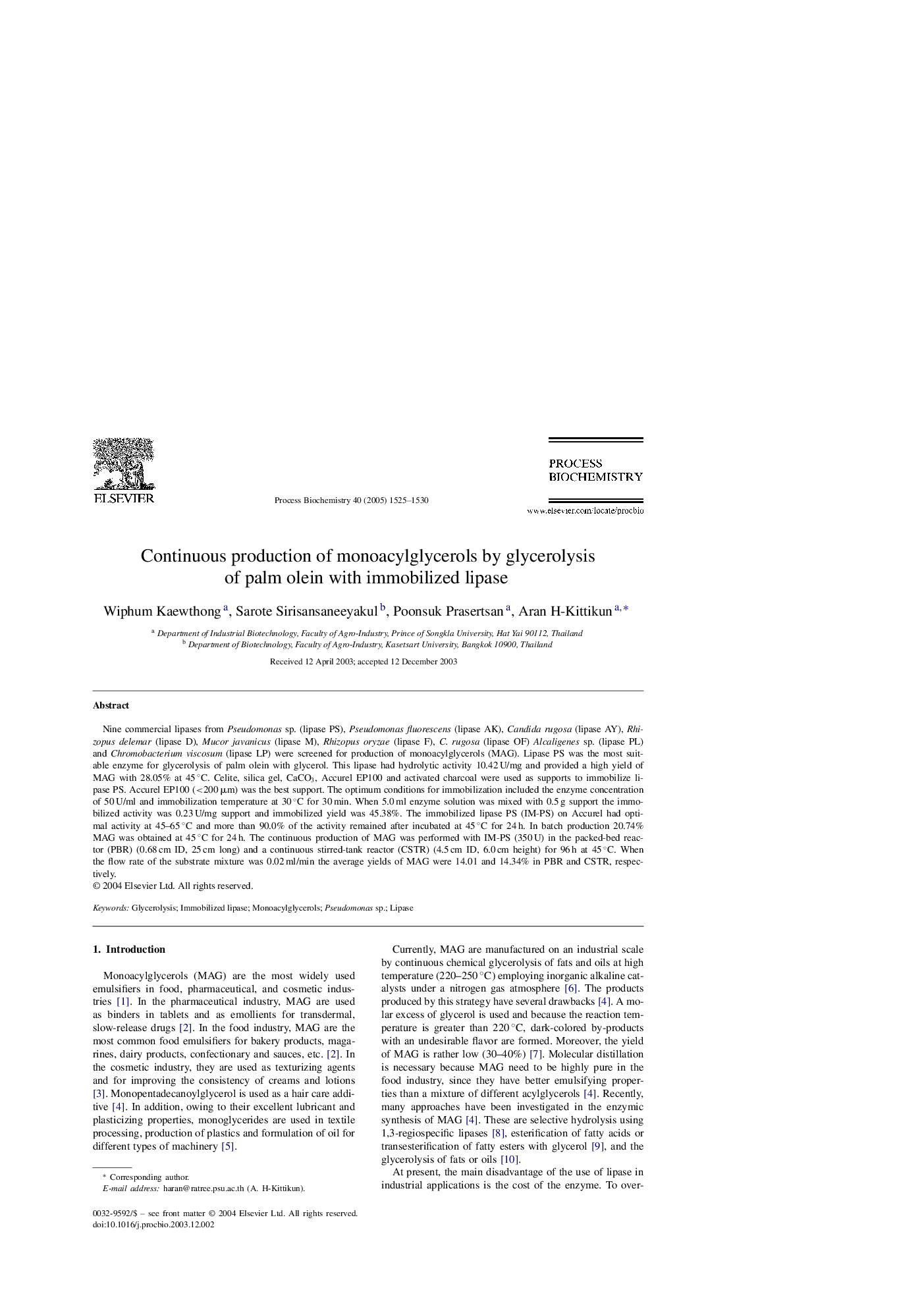 Continuous production of monoacylglycerols by glycerolysis of palm olein with immobilized lipase