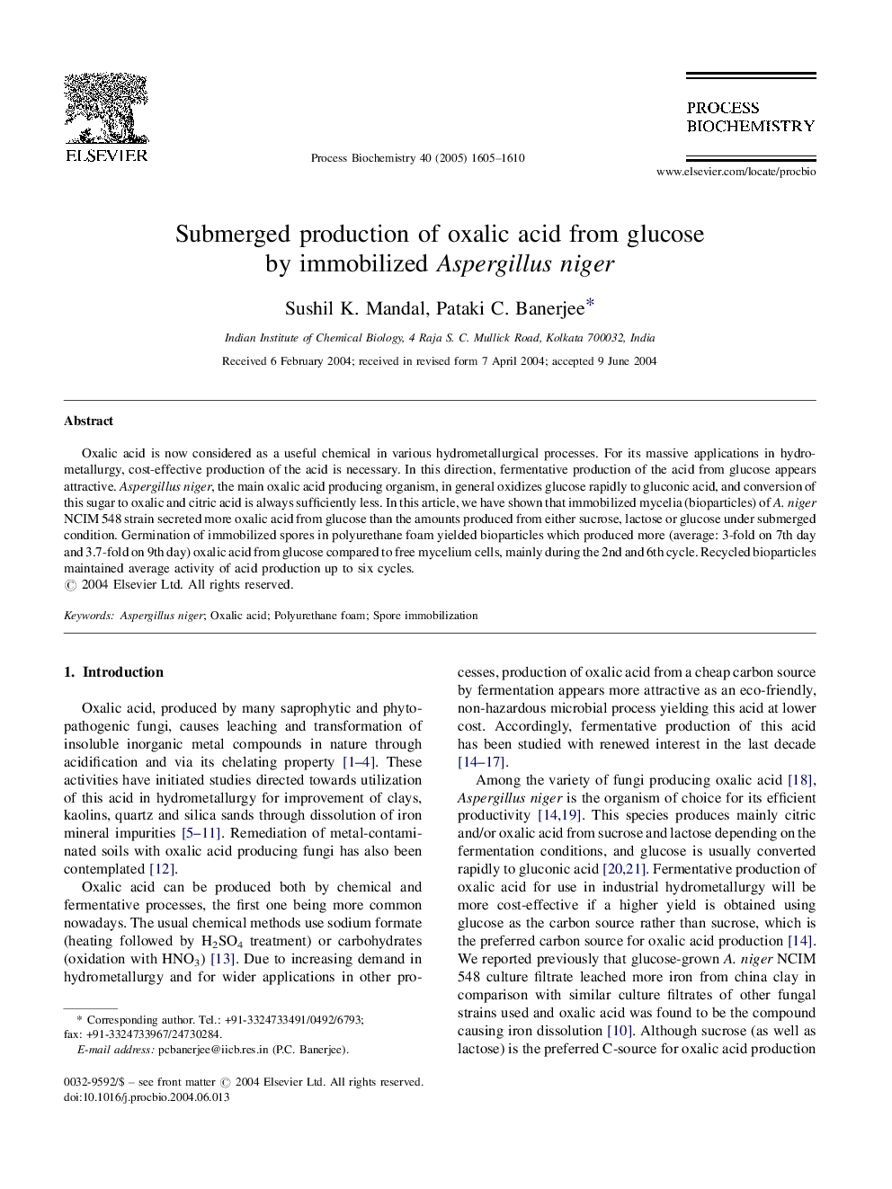 Submerged production of oxalic acid from glucose by immobilized Aspergillus niger