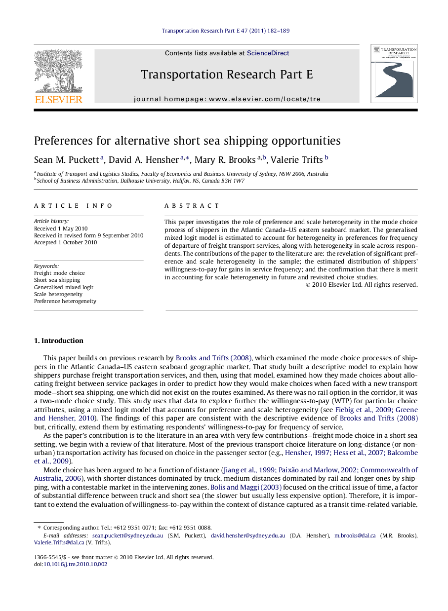 Preferences for alternative short sea shipping opportunities