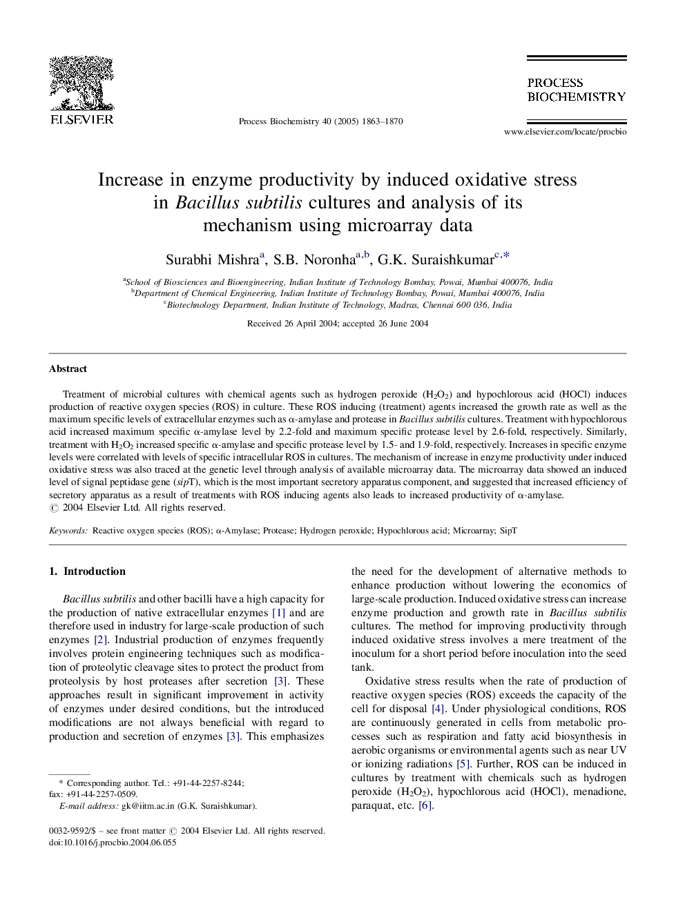 Increase in enzyme productivity by induced oxidative stress in Bacillus subtilis cultures and analysis of its mechanism using microarray data