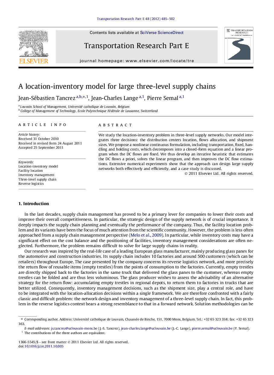 A location-inventory model for large three-level supply chains