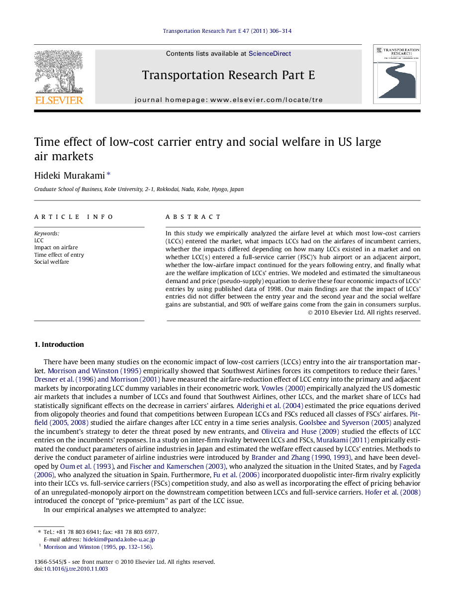 Time effect of low-cost carrier entry and social welfare in US large air markets