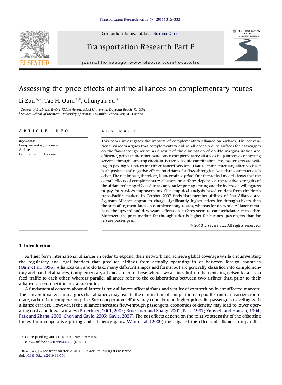 Assessing the price effects of airline alliances on complementary routes