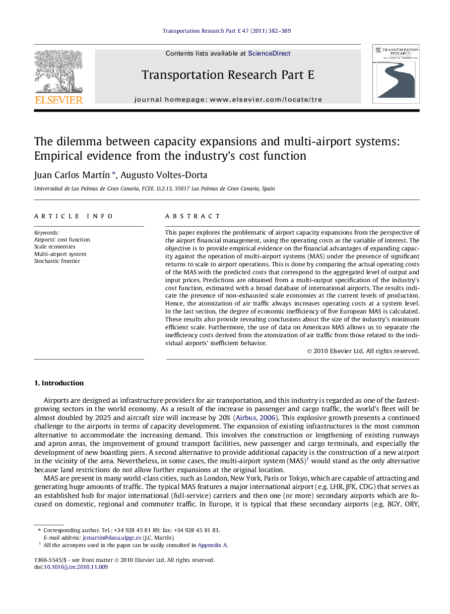 The dilemma between capacity expansions and multi-airport systems: Empirical evidence from the industry’s cost function