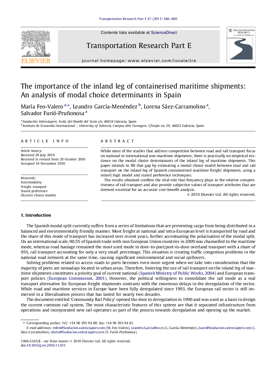 The importance of the inland leg of containerised maritime shipments: An analysis of modal choice determinants in Spain