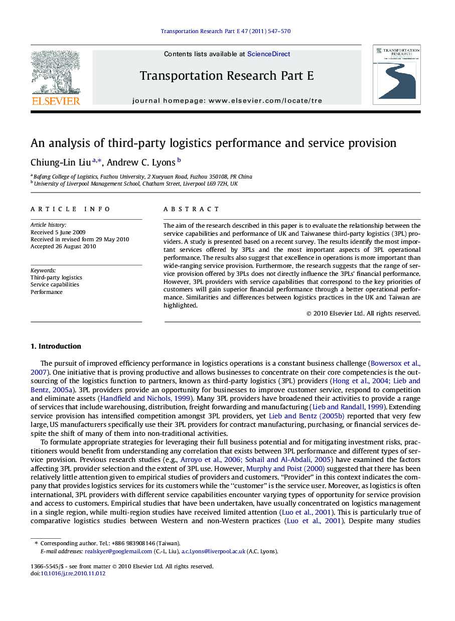 An analysis of third-party logistics performance and service provision