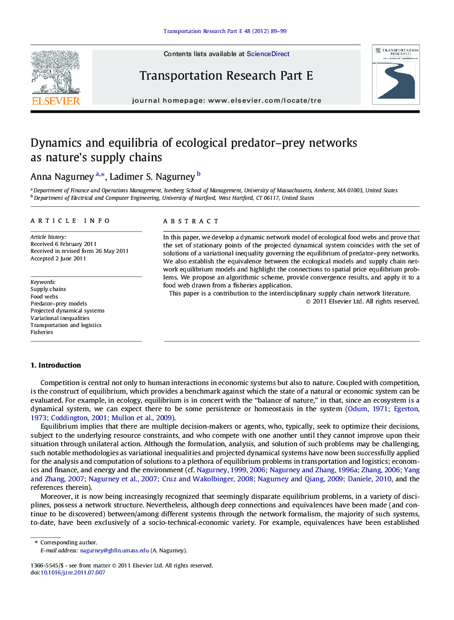 Dynamics and equilibria of ecological predator-prey networks as nature's supply chains