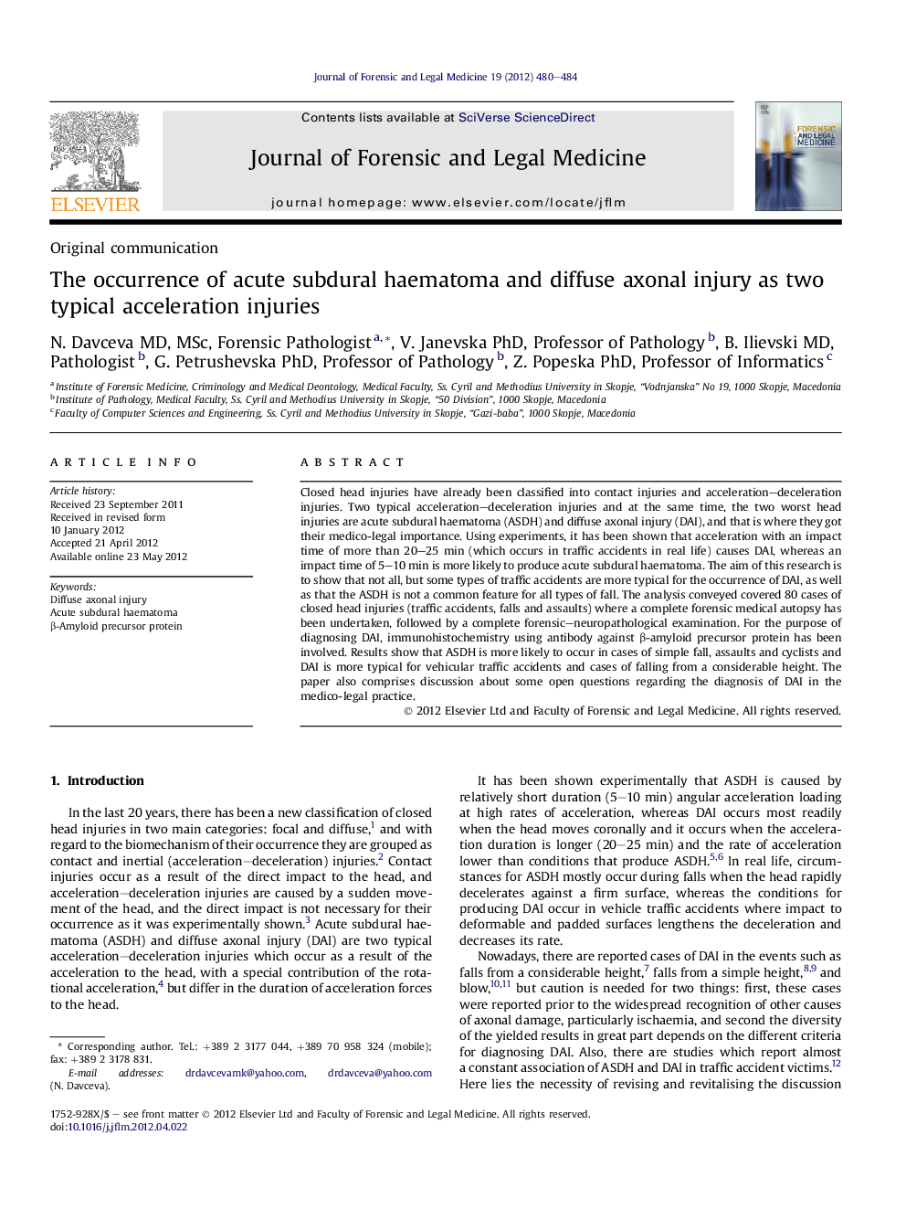 The occurrence of acute subdural haematoma and diffuse axonal injury as two typical acceleration injuries