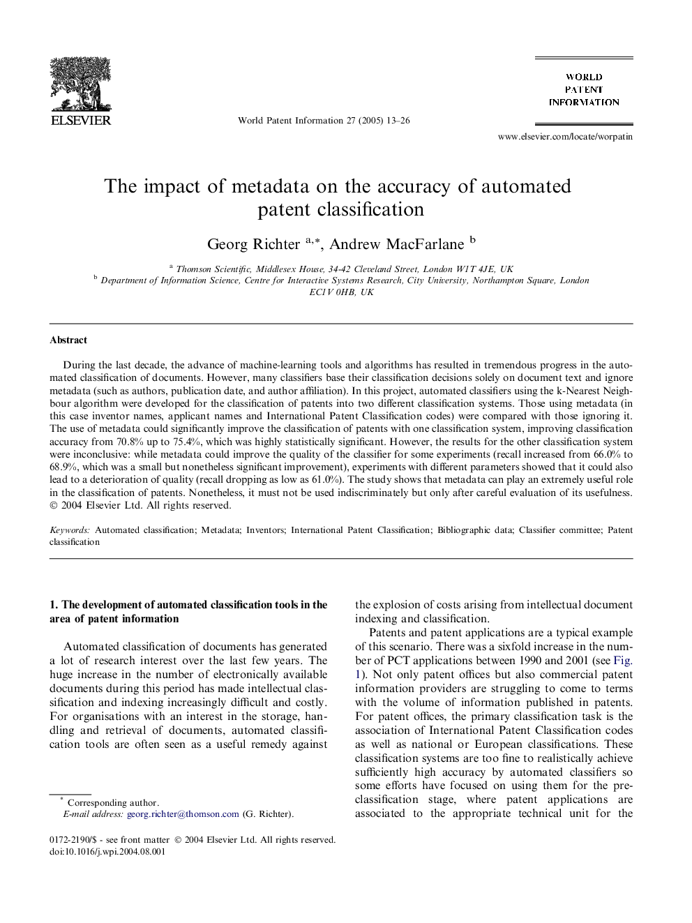 The impact of metadata on the accuracy of automated patent classification