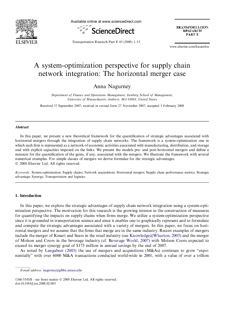 A system-optimization perspective for supply chain network integration: The horizontal merger case