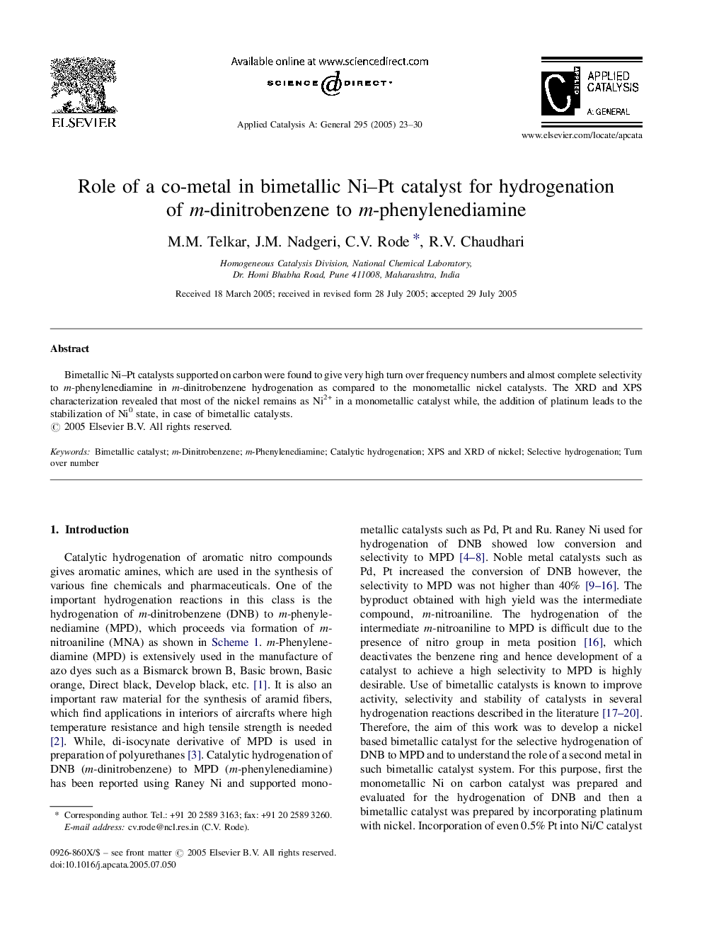 Role of a co-metal in bimetallic Ni-Pt catalyst for hydrogenation of m-dinitrobenzene to m-phenylenediamine