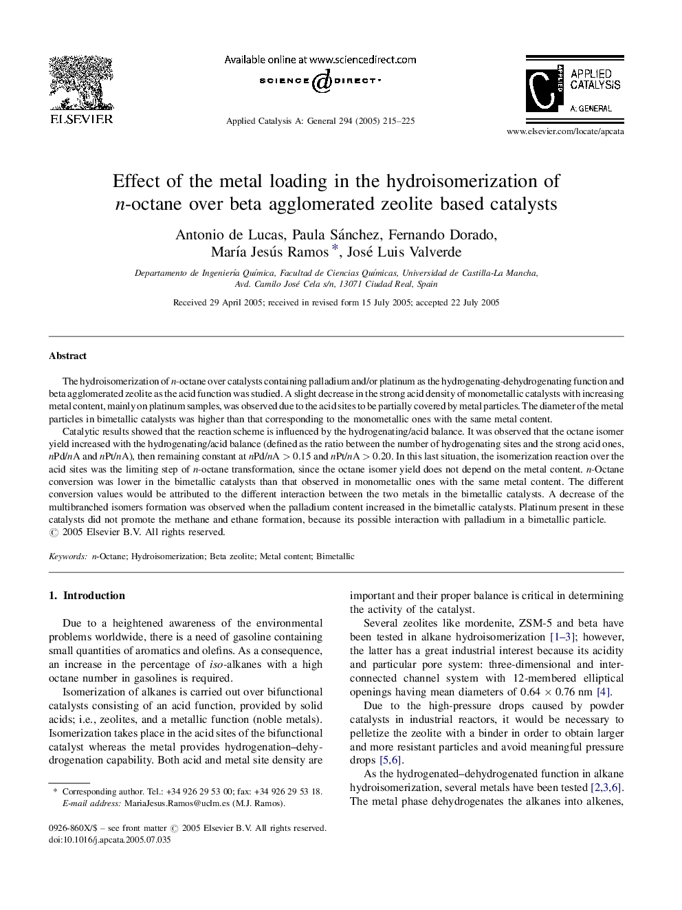 Effect of the metal loading in the hydroisomerization of n-octane over beta agglomerated zeolite based catalysts