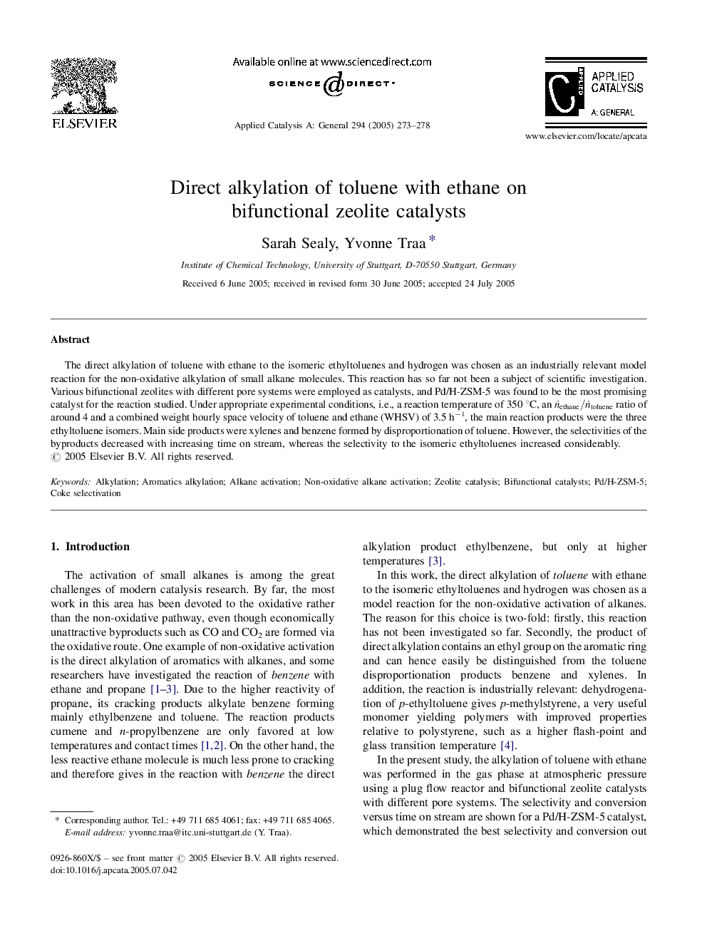 Direct alkylation of toluene with ethane on bifunctional zeolite catalysts