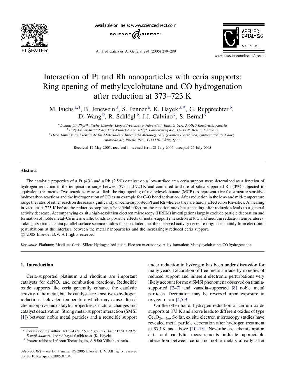 Interaction of Pt and Rh nanoparticles with ceria supports: Ring opening of methylcyclobutane and CO hydrogenation after reduction at 373-723Â K