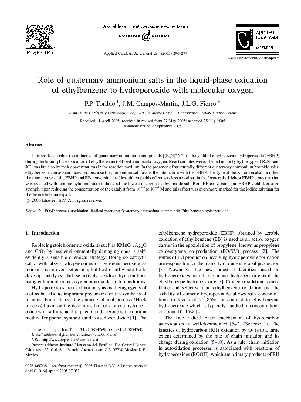 Role of quaternary ammonium salts in the liquid-phase oxidation of ethylbenzene to hydroperoxide with molecular oxygen