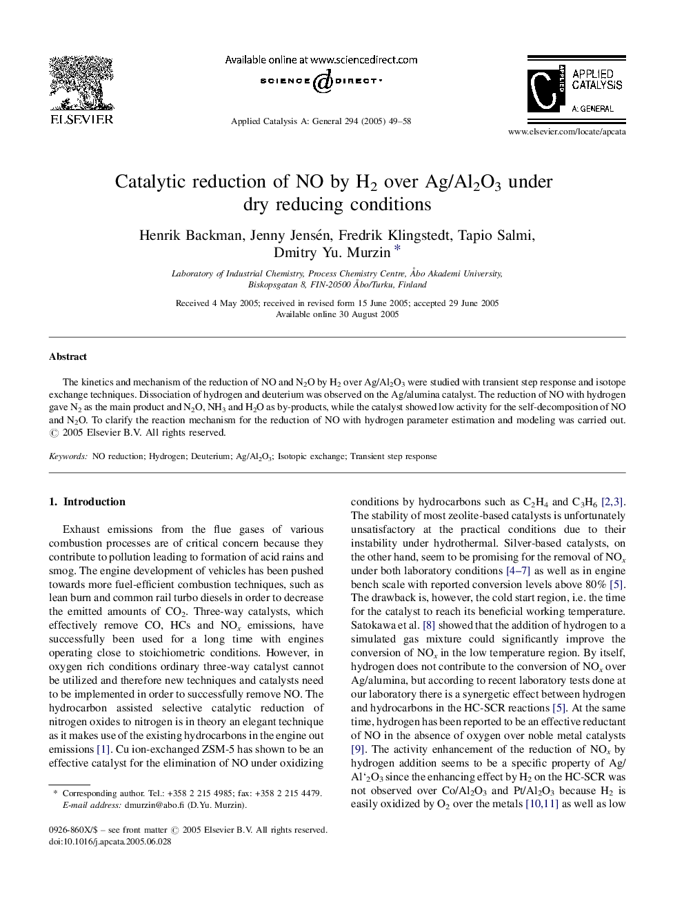 Catalytic reduction of NO by H2 over Ag/Al2O3 under dry reducing conditions