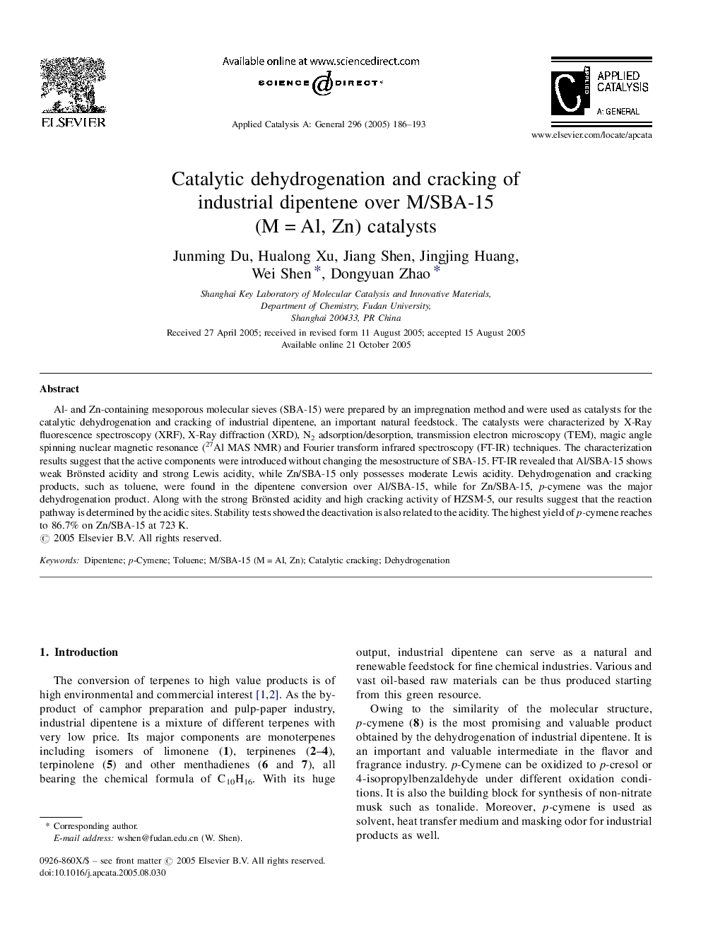 Catalytic dehydrogenation and cracking of industrial dipentene over M/SBA-15 (MÂ =Â Al, Zn) catalysts