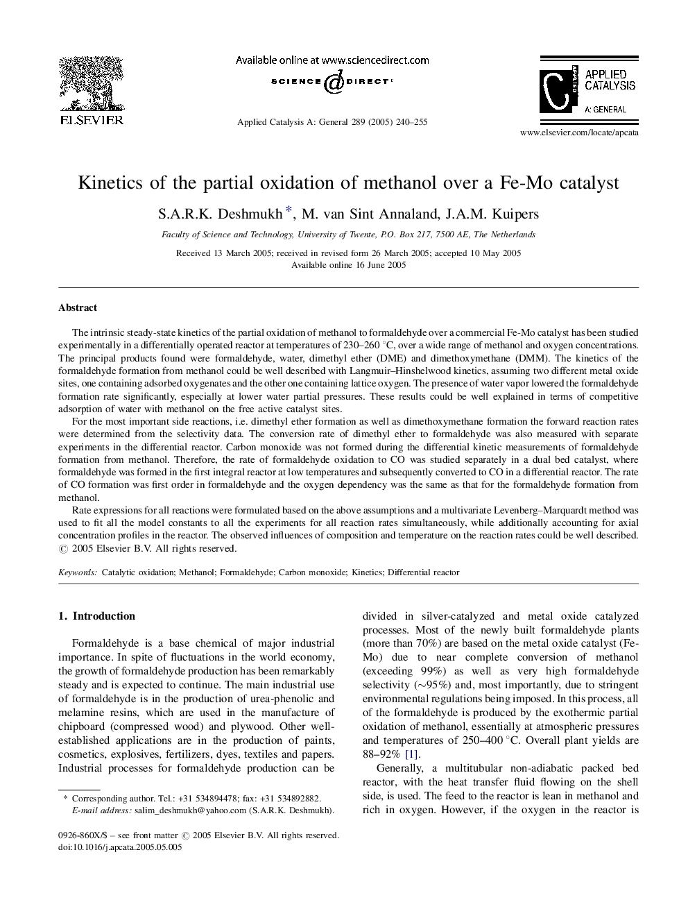 Kinetics of the partial oxidation of methanol over a Fe-Mo catalyst