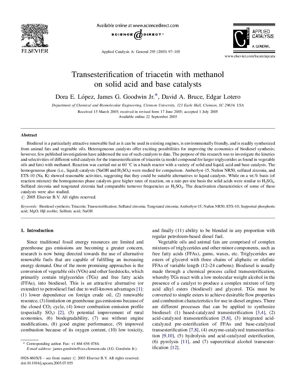 Transesterification of triacetin with methanol on solid acid and base catalysts