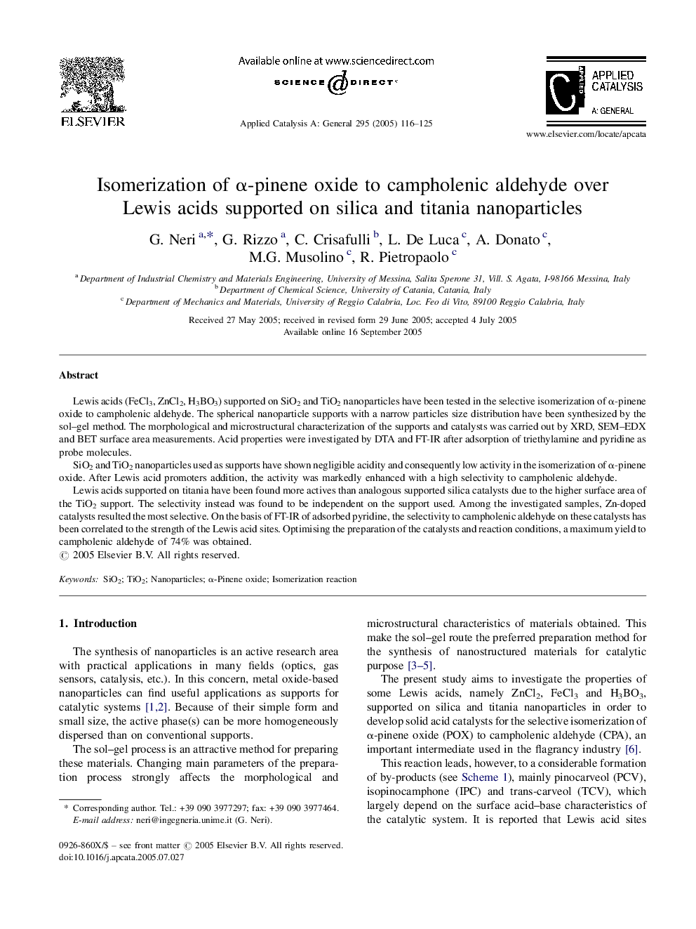 Isomerization of Î±-pinene oxide to campholenic aldehyde over Lewis acids supported on silica and titania nanoparticles