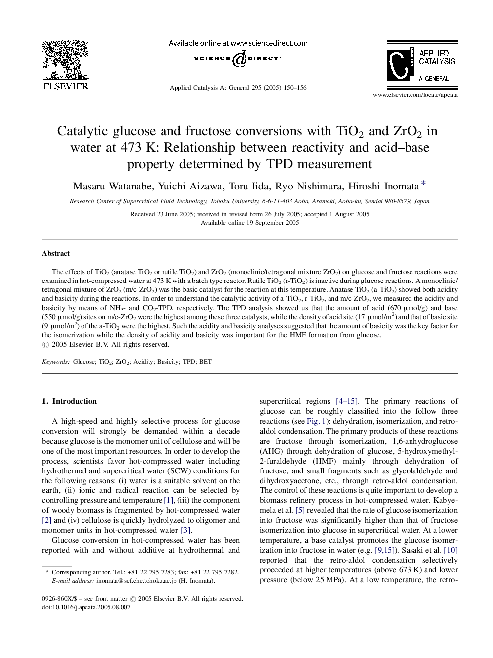 Catalytic glucose and fructose conversions with TiO2 and ZrO2 in water at 473Â K: Relationship between reactivity and acid-base property determined by TPD measurement