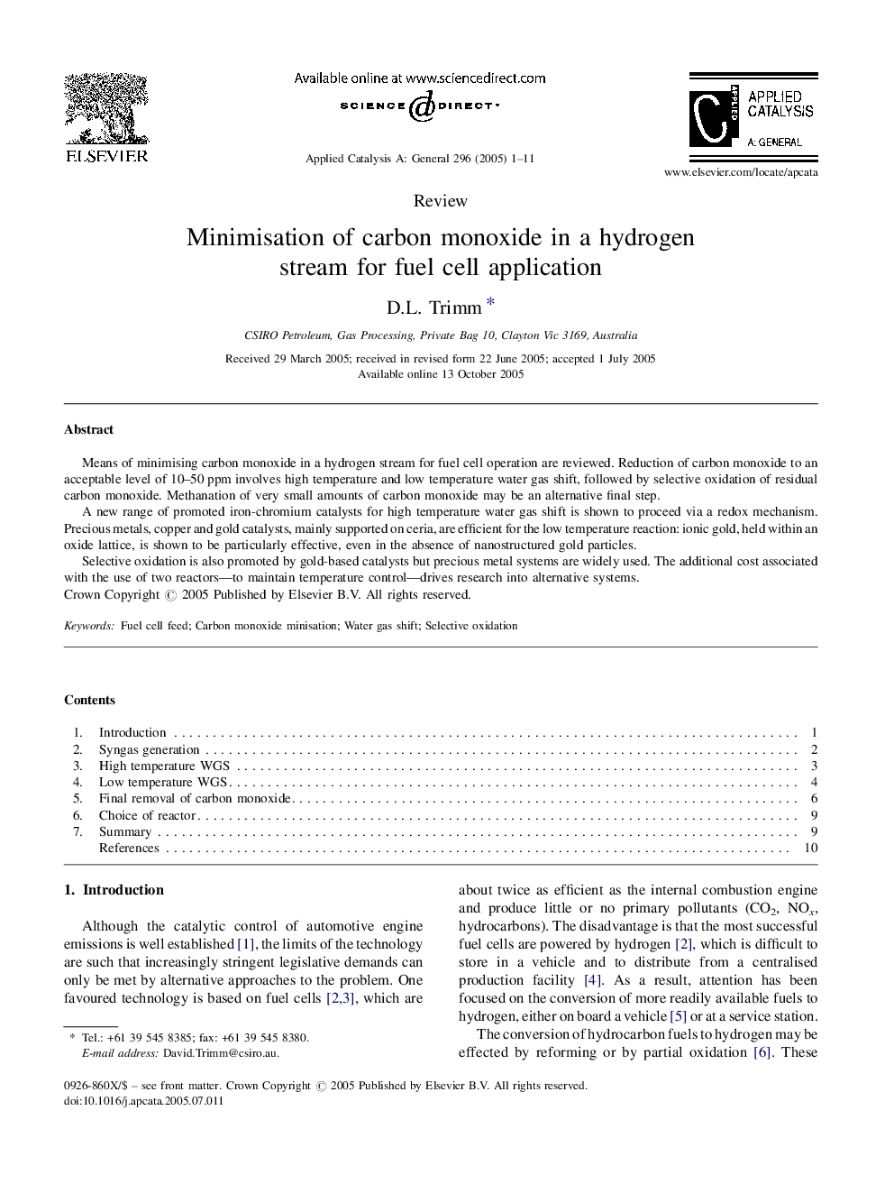 Minimisation of carbon monoxide in a hydrogen stream for fuel cell application