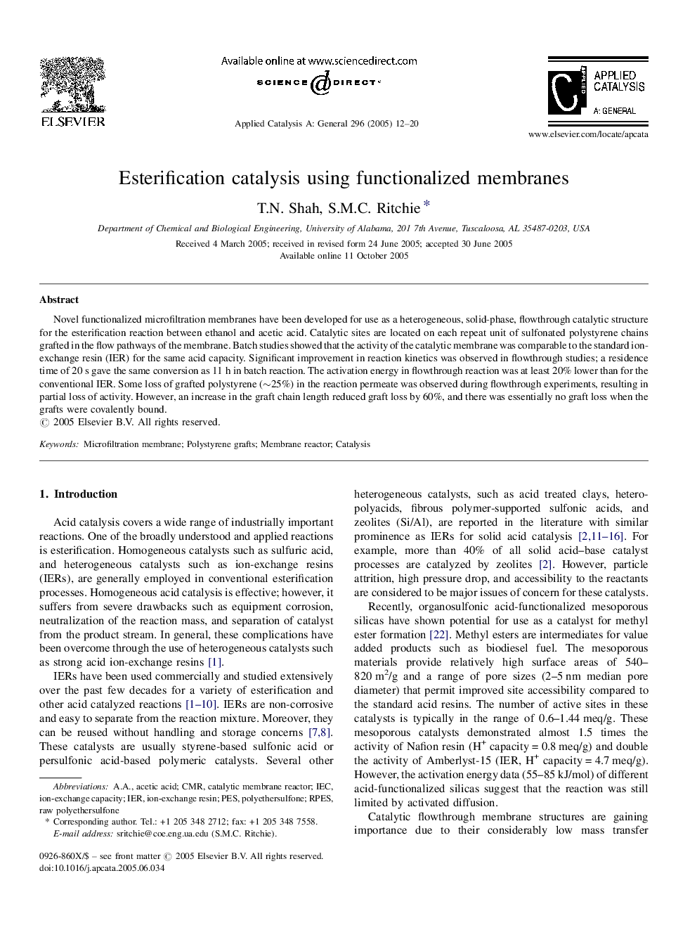 Esterification catalysis using functionalized membranes