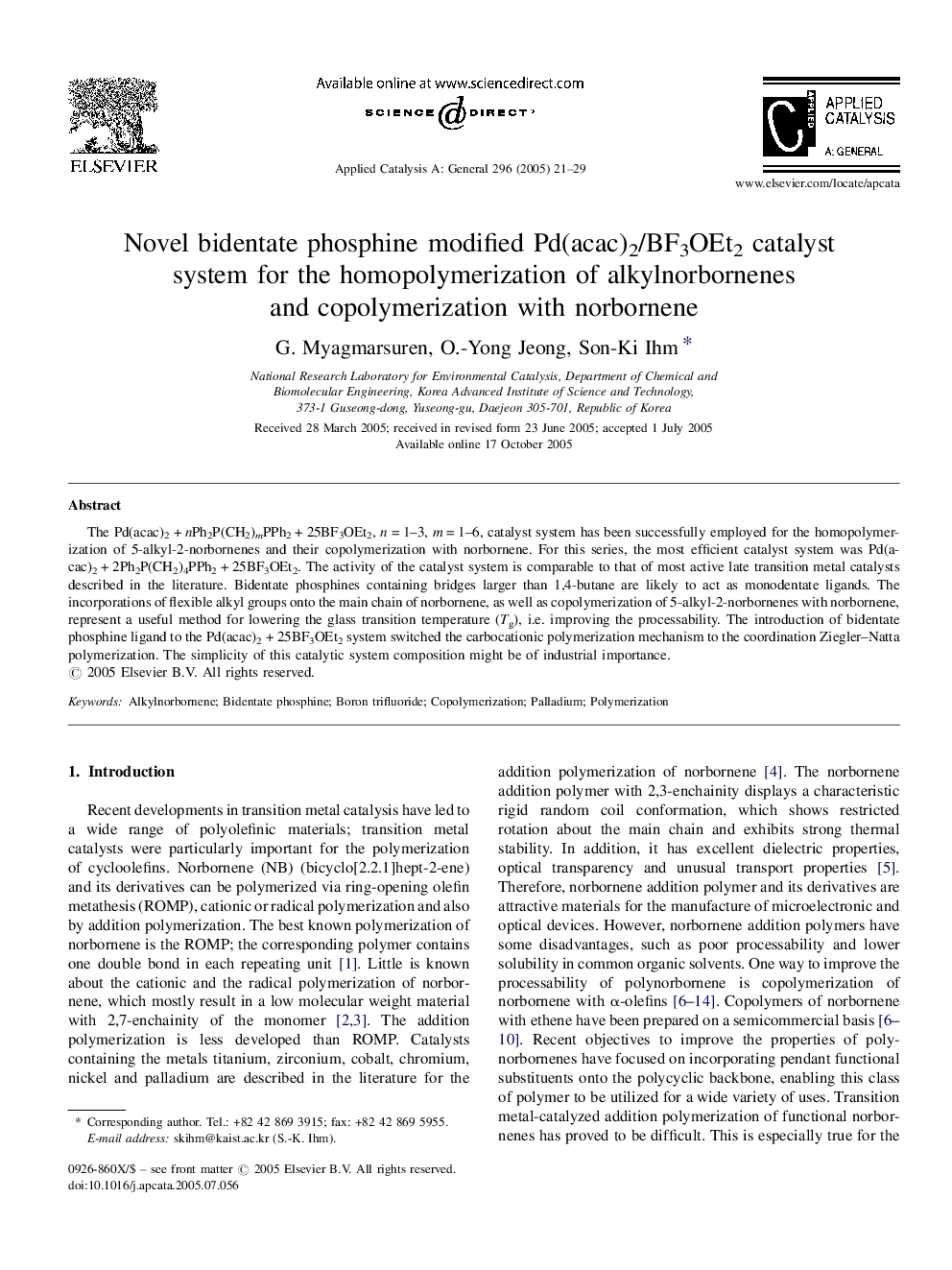 Novel bidentate phosphine modified Pd(acac)2/BF3OEt2 catalyst system for the homopolymerization of alkylnorbornenes and copolymerization with norbornene