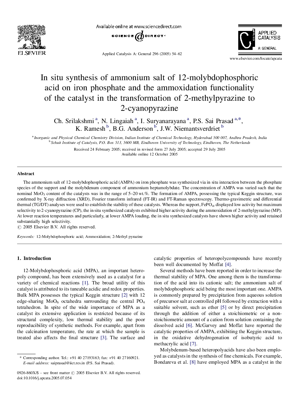 In situ synthesis of ammonium salt of 12-molybdophosphoric acid on iron phosphate and the ammoxidation functionality of the catalyst in the transformation of 2-methylpyrazine to 2-cyanopyrazine