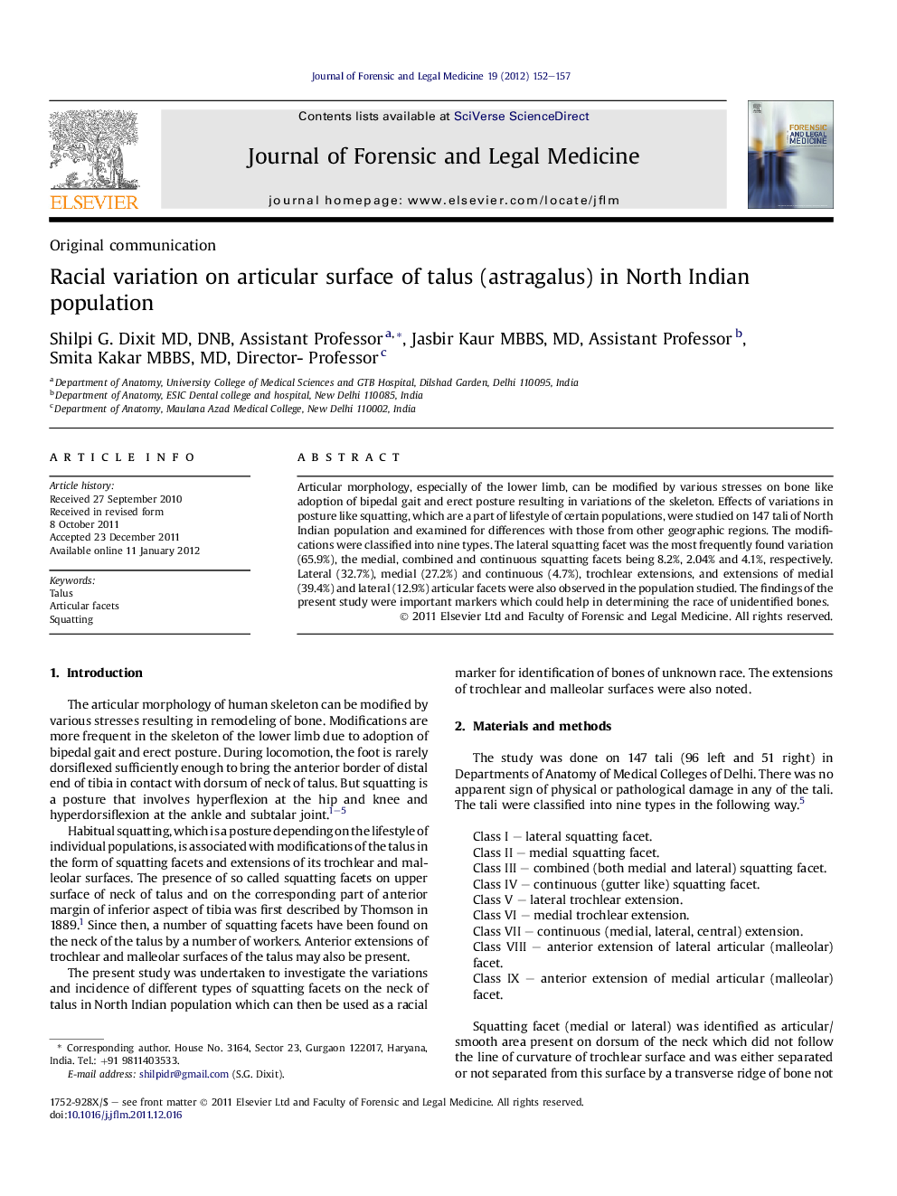 Racial variation on articular surface of talus (astragalus) in North Indian population